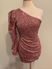 Fashion Nova NWT juniors M Olivia blush sequined off shoulder mini dress