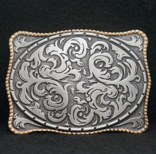 WD05123 AWESOME VINTAGE 1970s FLORAL ARTWORK FASHION UNISEX SILVER BELT BUCKLE