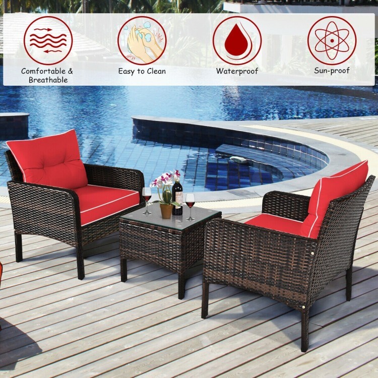 3 Pcs Outdoor Patio Rattan Conversation Set Garden Furniture Cushioned Sofa Red
