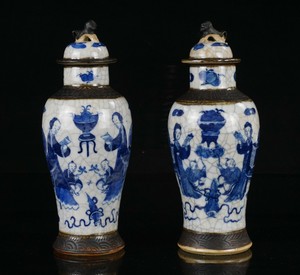 Pair Antique Chinese Blue and White Crackle Glazed Vase and Lid Marked 19th C