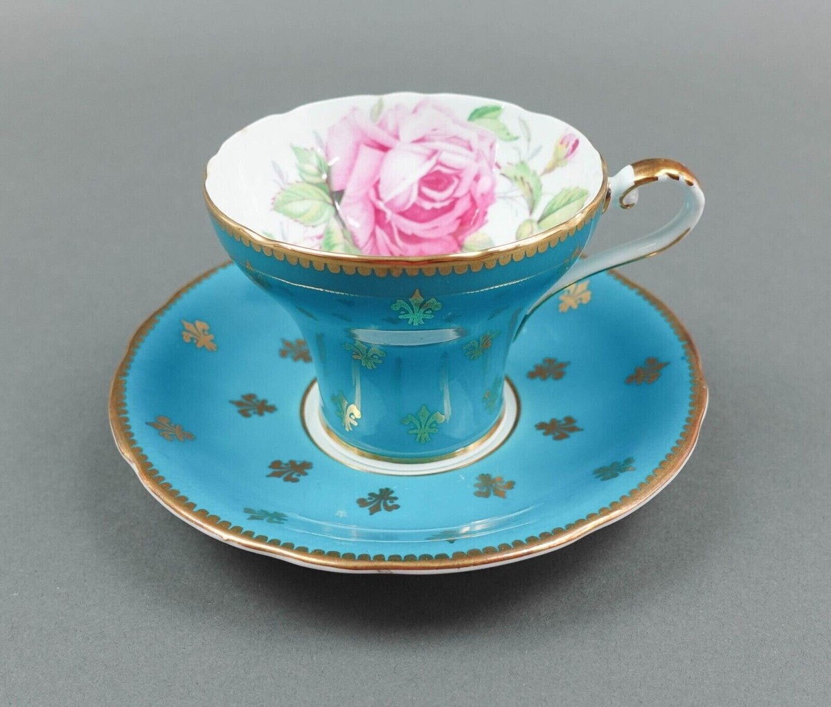 22 【磁器】AYNSLEY Aynsley England Cabbage Rose Turquoise Blue Gold Fleur De