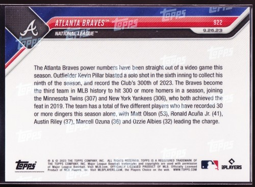 Atlanta Braves 300 HR Temporada Kevin Pillar Matt Olson 2023 Topps Ahora #922 Base - Imagen 2 de 2