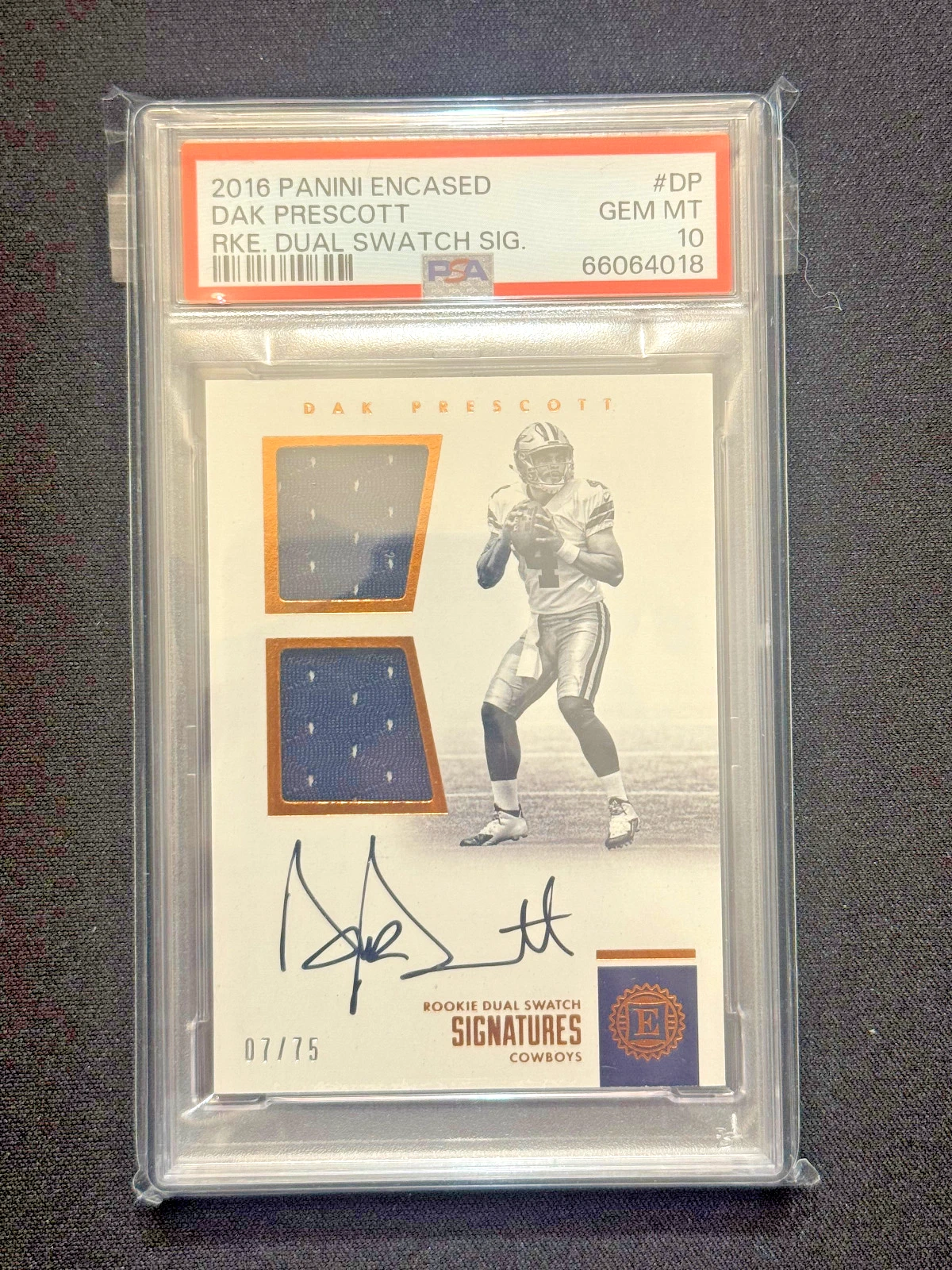 Dak Prescott Panini Encased Rookie Dual Swatch Signature #DP Base