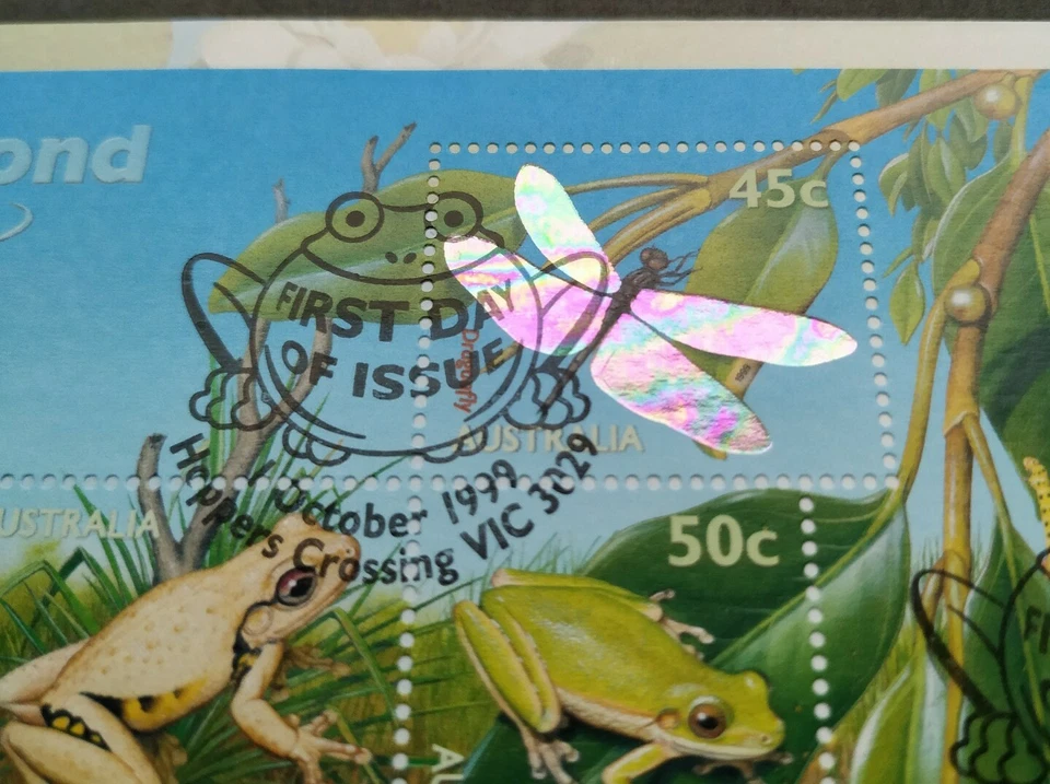 1999 Australia Small Pond Habitats Frog Kingfisher Dragonfly MS (Hologram) FDC - Image 2 of 3