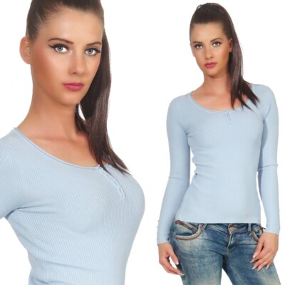 Damen Feinstrick Pullover Rippstrick Pulli V-Ausschnitt tailliert 36 38 hellblau