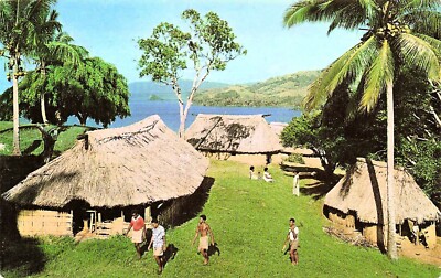 Fiji Island Village Grass Huts Pacific Coast Palm Trees Tiki Vtg Postcard H32