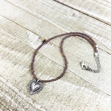 Victorian Silver Pewter Heart Choker with Purple Rainbow Crystal Seed Beads