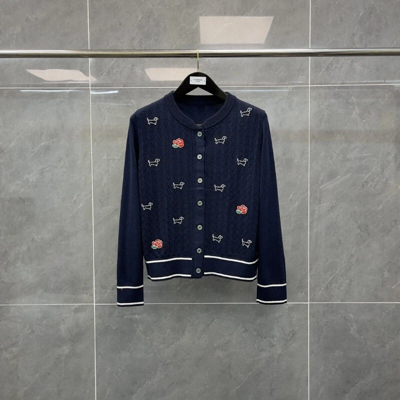 Cardigan donna Thom Browne fantasia girocollo con bottoni maglia