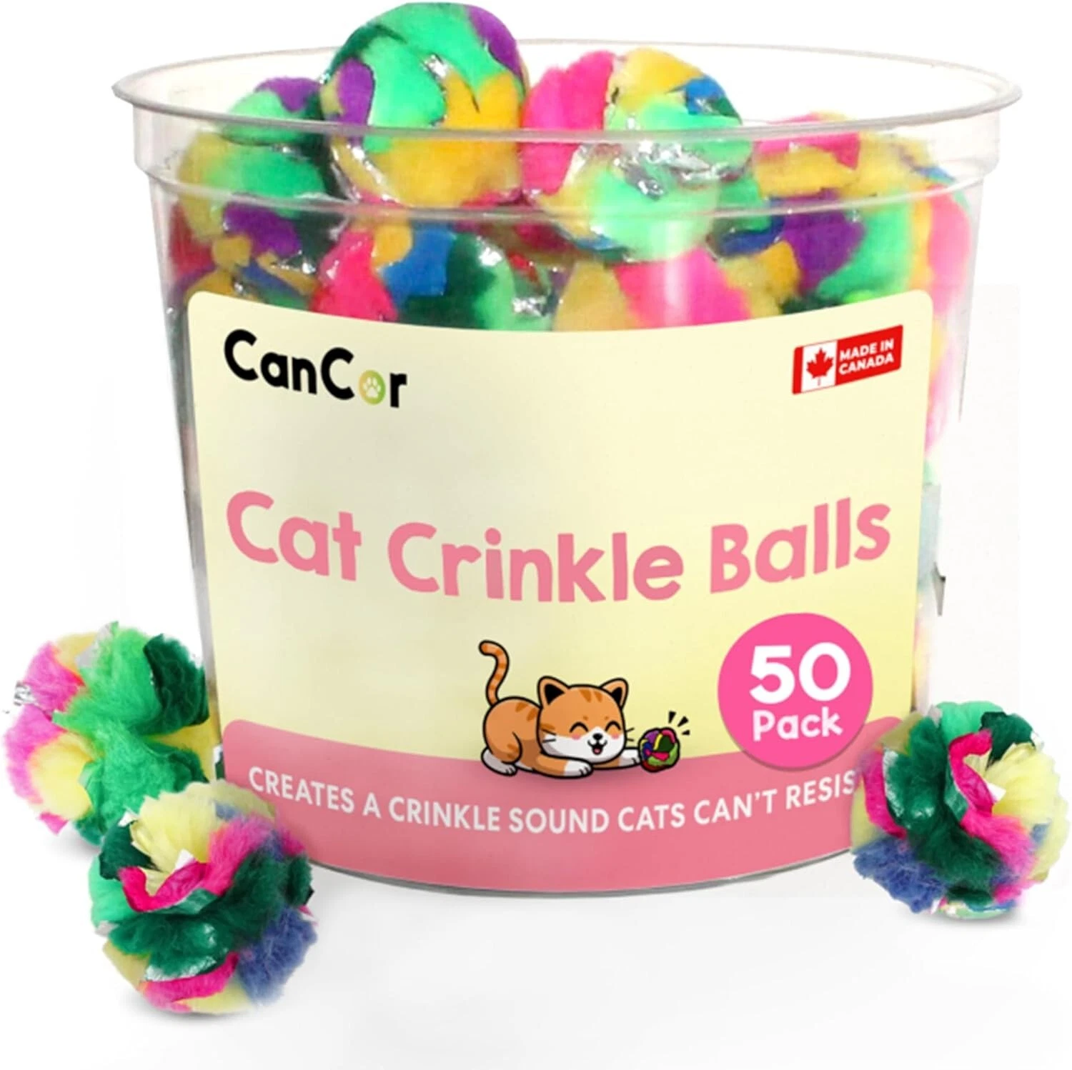 Captivating 1.5 Inch Cat Crinkle Balls - Multi-Color, Made in Canada