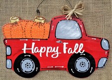 Happy Fall TRUCK Pumpkins SIGN Wall Art Door Hanger Autumn Thanksgiving Plaque