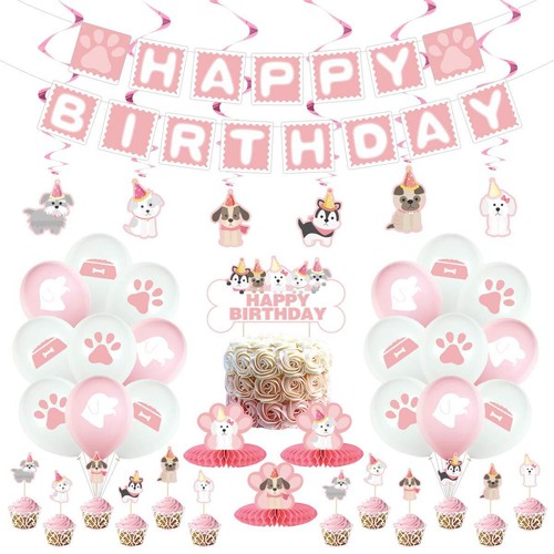 Dog Birthday Decorations,Dog Paw Prints Party Supplies for Girls Pink