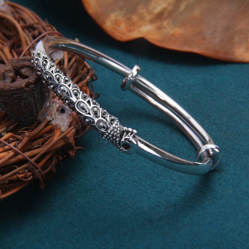 Adjustable Bangle Bracelet Peacock Fine Silver 999