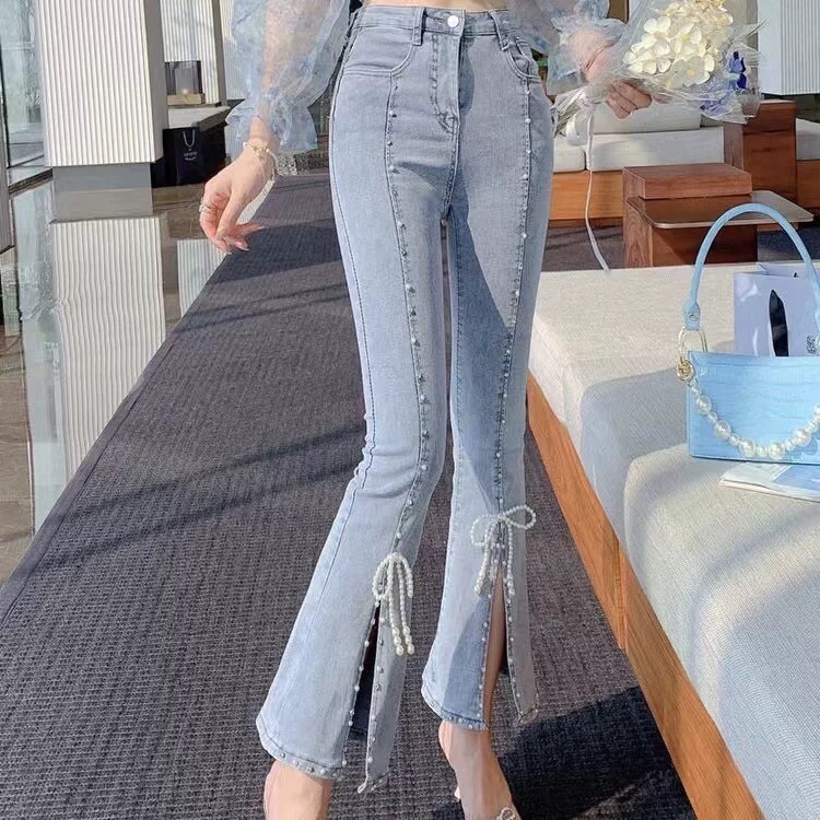 NWT Korean Style Bowknot Beads Pearl Split Denim Skinny