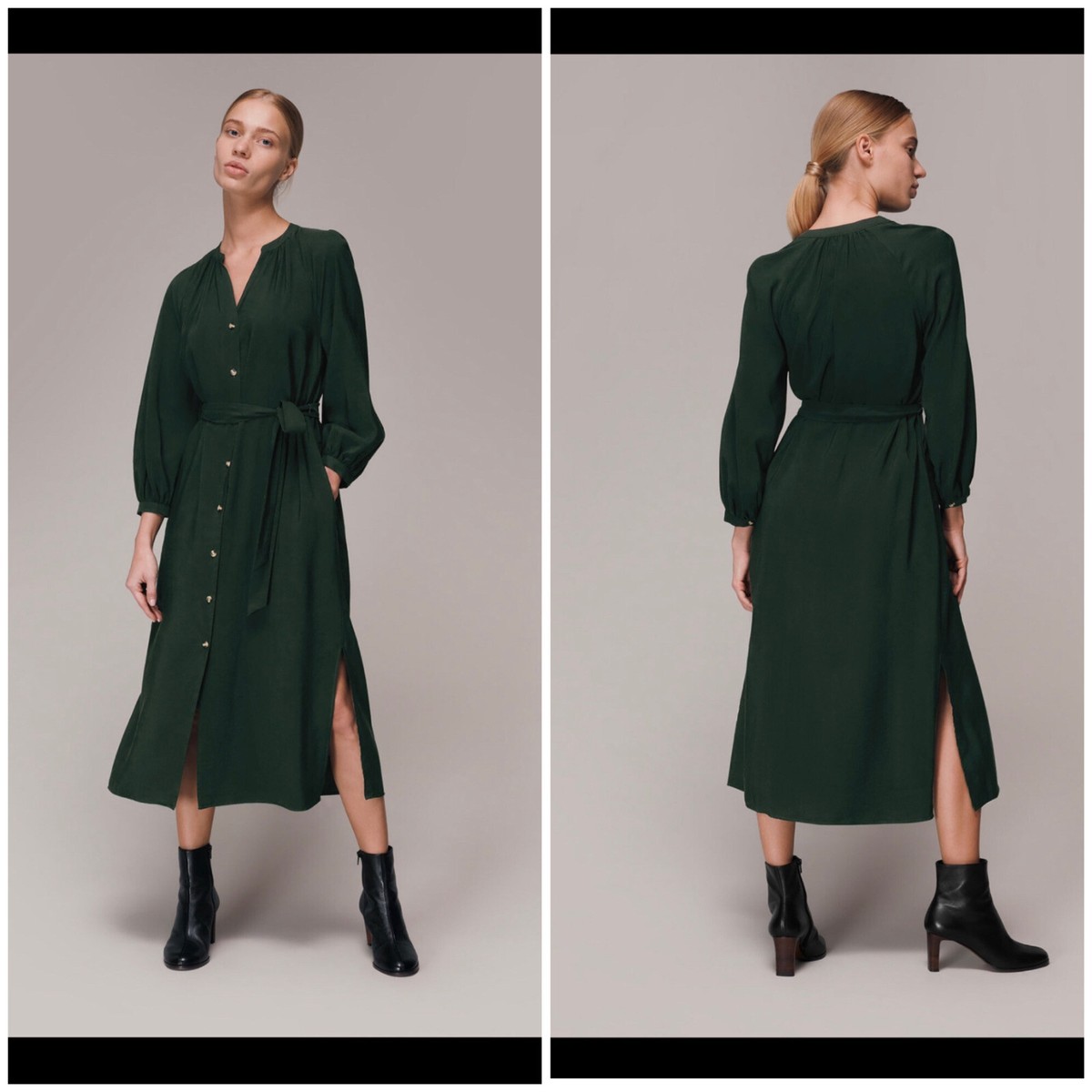 NWT Whistles Livi Midi Green Dress Button Front Waist Tie Quarter Sleeve  Size 2 | eBay