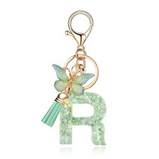 Fashion Alphabet Initial Letter Keychain Tassel Green Butterfly Letter R