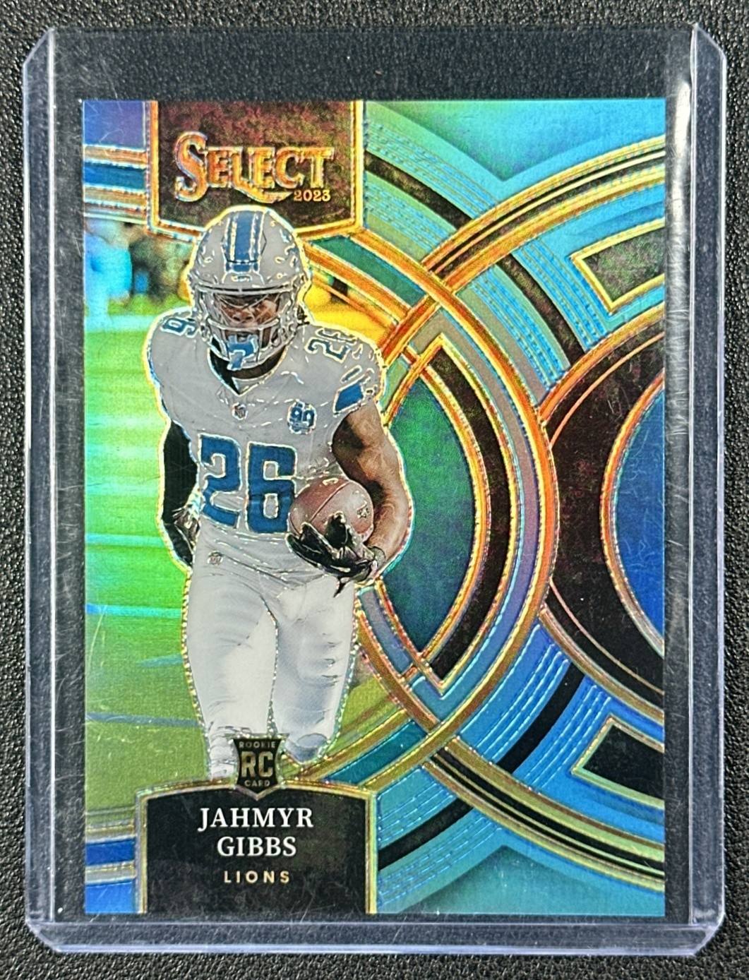 JAHMYR GIBBS 2023 PANINI SELECT #198 ROOKIE LIGHT BLUE PRIZM PREMIER LEVEL 31/99