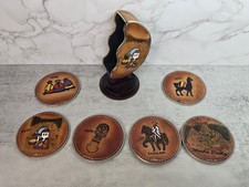 Tooled Leather Peru Coasters Souvenir Set 6 Holder Hand Crafted Stand Wood