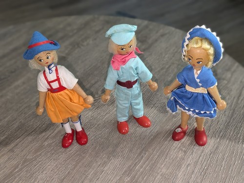 Vintage Folk Art Mid-Century Polish Wooden Girl Boy Figures Doll 1960s Trio 