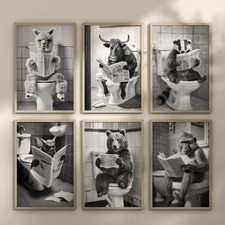 Animals On Toilet Posters - B&W Bathroom Wall Art - Funny Home Decor Prints