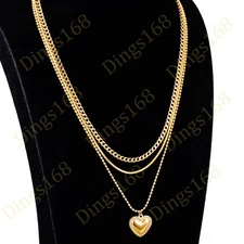 18K Gold Filled Snake/Curb/Bead Chain 3 Layered Heart Pendant Choker Necklace