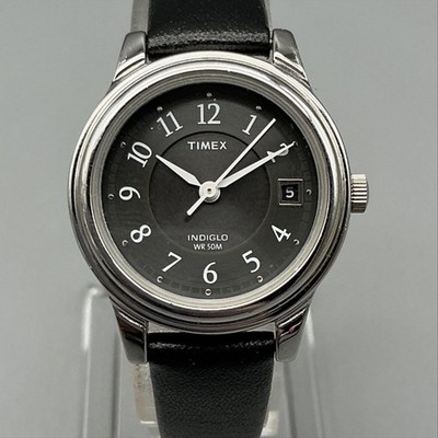 Timex Indiglo Womens Watch 27mm Black Dial Leather Band Date WR50M New Battery