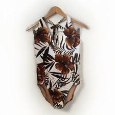 Vintage Newport News Swimsuit 14 Brown Tropical Halter Neck One Piece Beach Pool