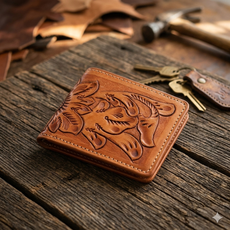 Hand Tooled Genuine Leather Bifold Wallet - Leather RFID Men Wallet Sunflower