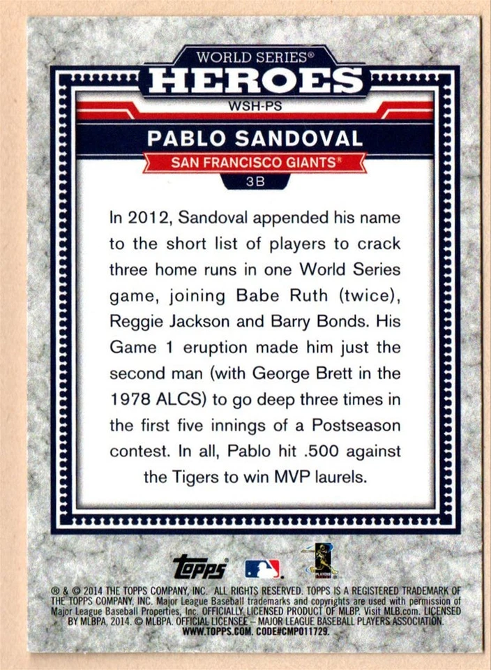 2014 Topps Update Pablo Sandoval World Series Heroes San Francisco Giants WSH-PS - Image 2 of 2