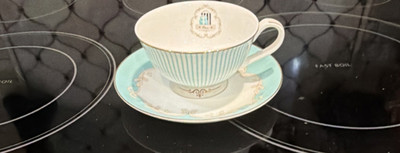 Floris Light Blue White Gold Ceramic Cup & Saucer Set Decorative Motif Glossy