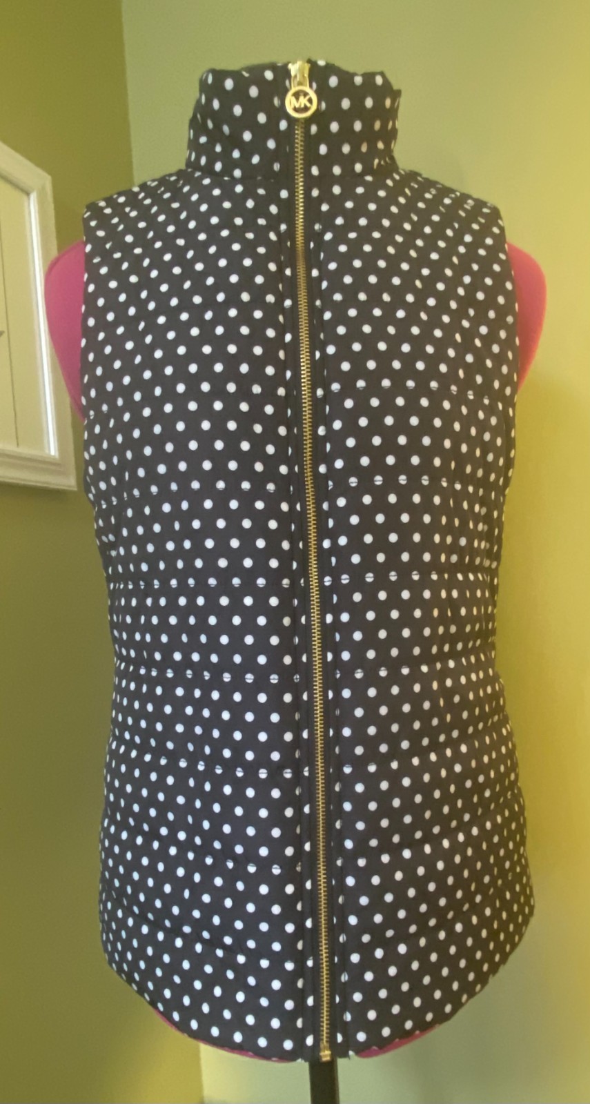 MICHAEL KORS Womens Puffer Vest Quilted, Zip Front Logo Charm, Size S, Polka Dot