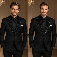 Luxury Black Men's Suit Beading Slim Fit 2 Piece Suit Wedding Groom Prom Evening