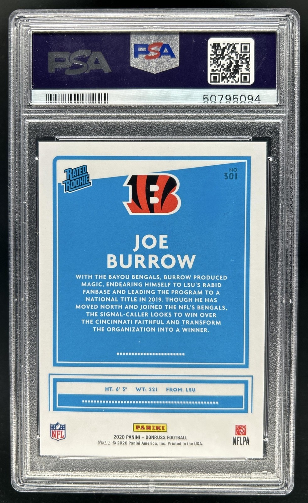 2020 Panini Donruss Joe Burrow RC #301 Bengals PSA 9 Rookie view 2