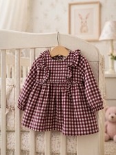 BARGAIN BUY 🤍 Burgundy White Check Brushed Cotton Dress Girls 6-9 Months