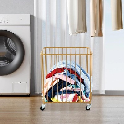 Gold Laundry Hamper With Wheels, Large Rolling Metal Laundry Basket Cart