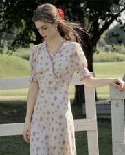 Simple Retro Beige/Pink Floral Chiffon Maxi Dress V-Neck Puff Sleeve Lined M