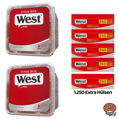 WEST Red/Rot Volumentabak Titan Box 2x 265g, 1250 Extra Hülsen