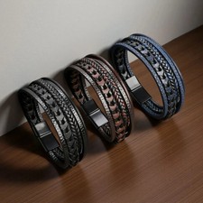 Men Jewelry Black Braided Leather Bracelet Multi-Layer Stainless Steel Clasp A