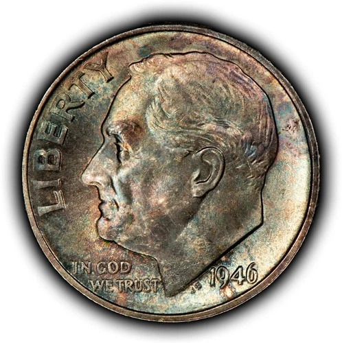 1946-S 10c Roosevelt Silver Dime - Watercolor Rainbow Toning - BU - SKU-Z6484