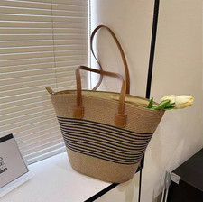 Handwoven Cotton Rope Braided Mother Tote Bag Summer Daily Bag Striped Pattern