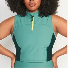 OLD NAVY ACTIVE SZ LARGE GREEN COLOR BLOCK POWERSOFT 1/2 ZIP SLEEVELESS CROP TOP