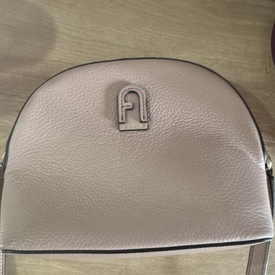 Furla Pink Pebbled Crossbody Bag Crescent Shape Zip Closure Gold Hardware Logo