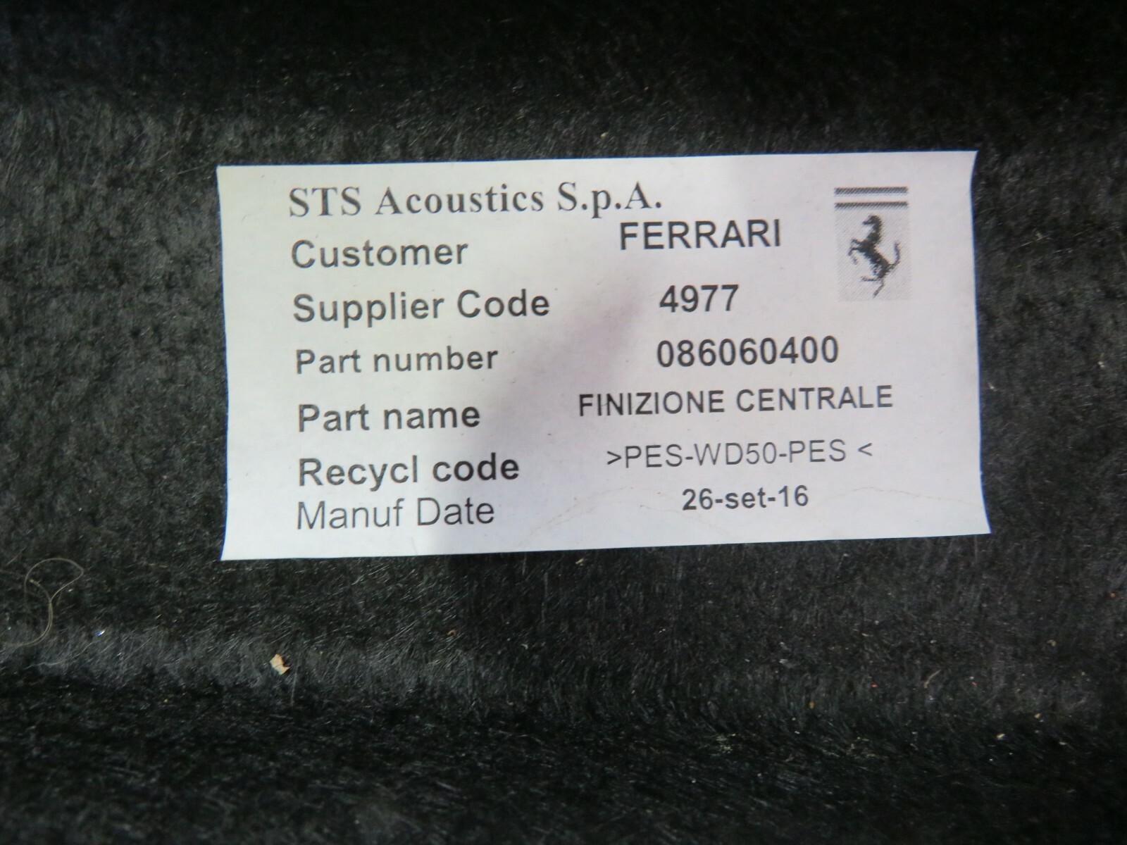 Ferrari California T, Front Upper Trunk Carpet Panel, Black, Used, P/N 86060400