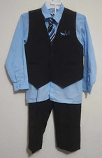 Boys Size 7 Formal 5 Piece Vest Suit Blk Pants/ Tie/ Pocket/ Blue Shirt/ Vest