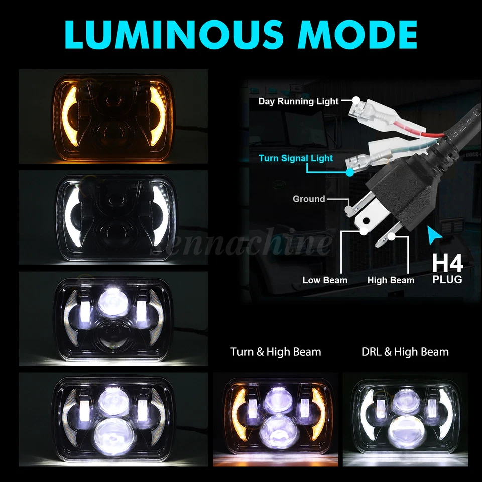 Pair 5X7 7x6" LED Headlight For 1986-1995 Jeep Wrangler YJ 1984-2001 Cherokee XJ - Image 2 of 4