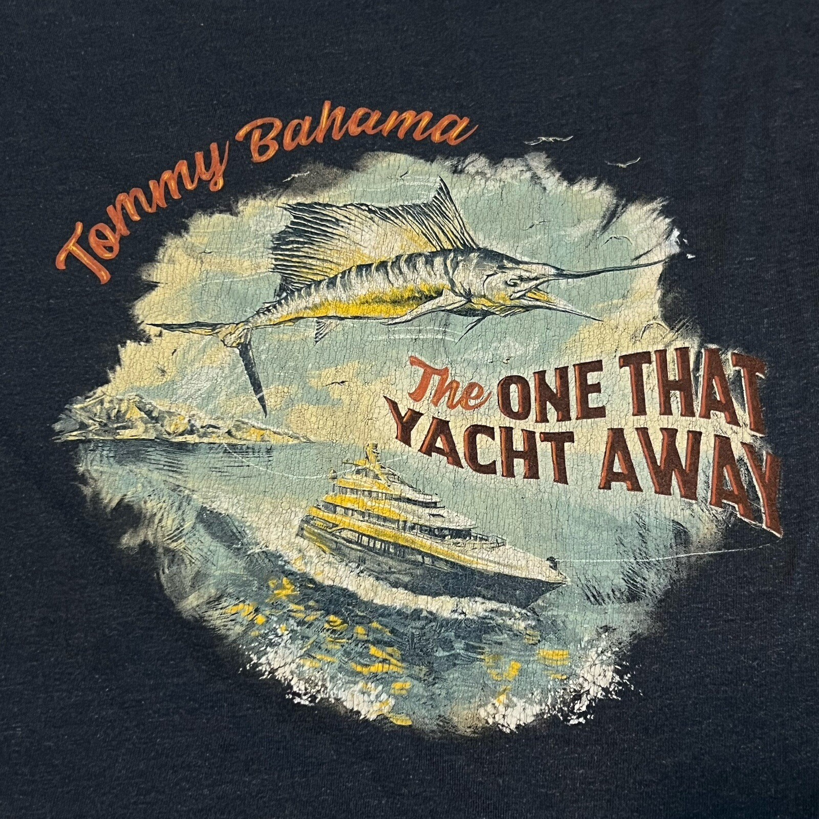 Tommy Bahama T Shirt “The One That Yacht Away” On Back Navy Blue XL Fish Boat