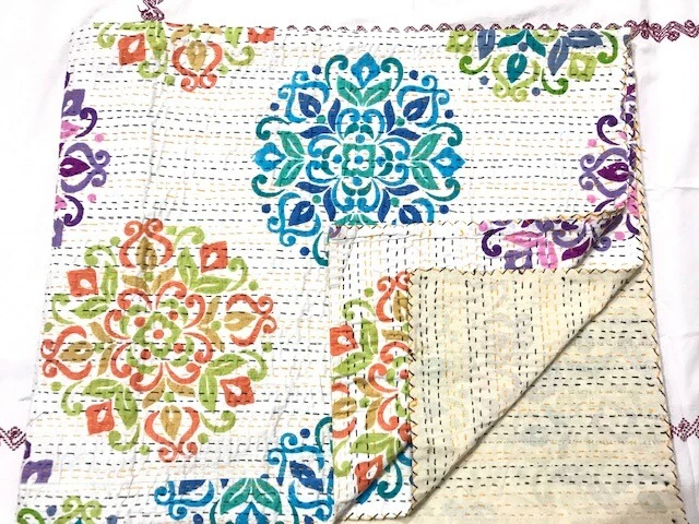 Colcha KANTHA COLCHA ALGODÓN BLOQUEADA A MANO MANTA INDIA TALLA QUEEN LOCA. Foto 3 de 4