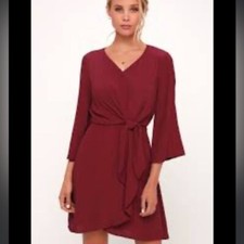 lulu’s Claremont Burgundy Tie-Front Three-Quarter Sleeve Dress
