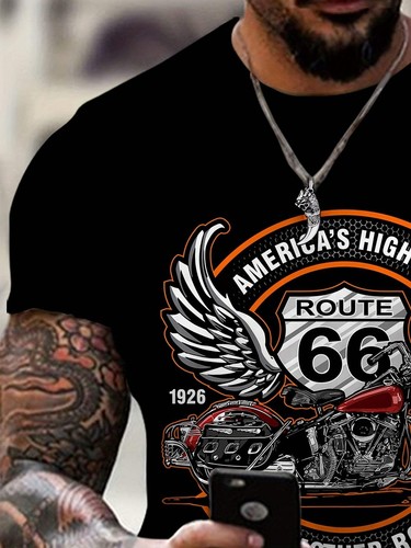 3D Route 66 Motorcycle Printed Men's Fashion Color Block Short Sleeve Round Neck - Picture 3 of 14