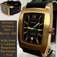 39mm Auto ROTARY Series 200 | Rosetone Rectangle | Black Dial & Strap | Watch
