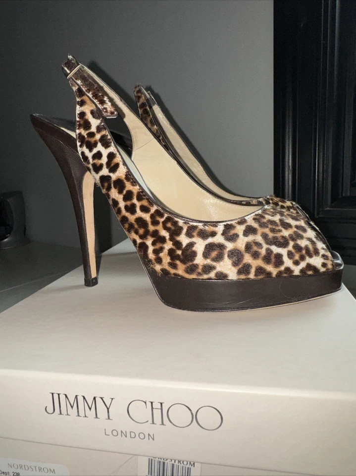 Jimmy Choo размер 36 6 $795 ключ леопард напечатано пони волосы слинга заглянуть носок насос - Изображение 2 из 4
